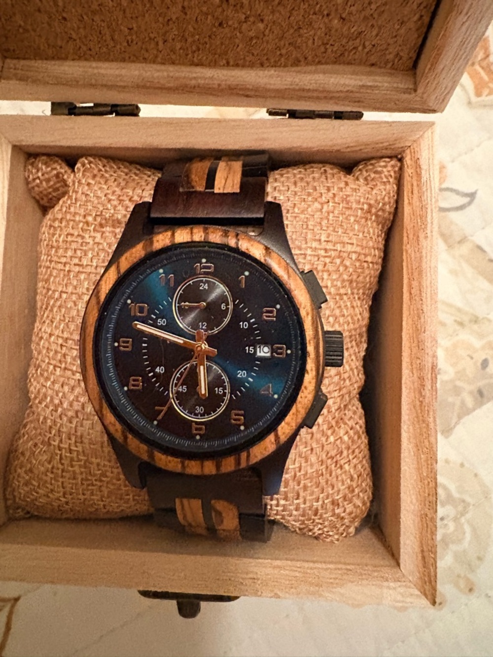 Wood and Black Chronograph Men's Watch - Blue Dial